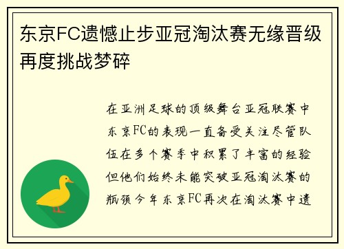 东京FC遗憾止步亚冠淘汰赛无缘晋级再度挑战梦碎